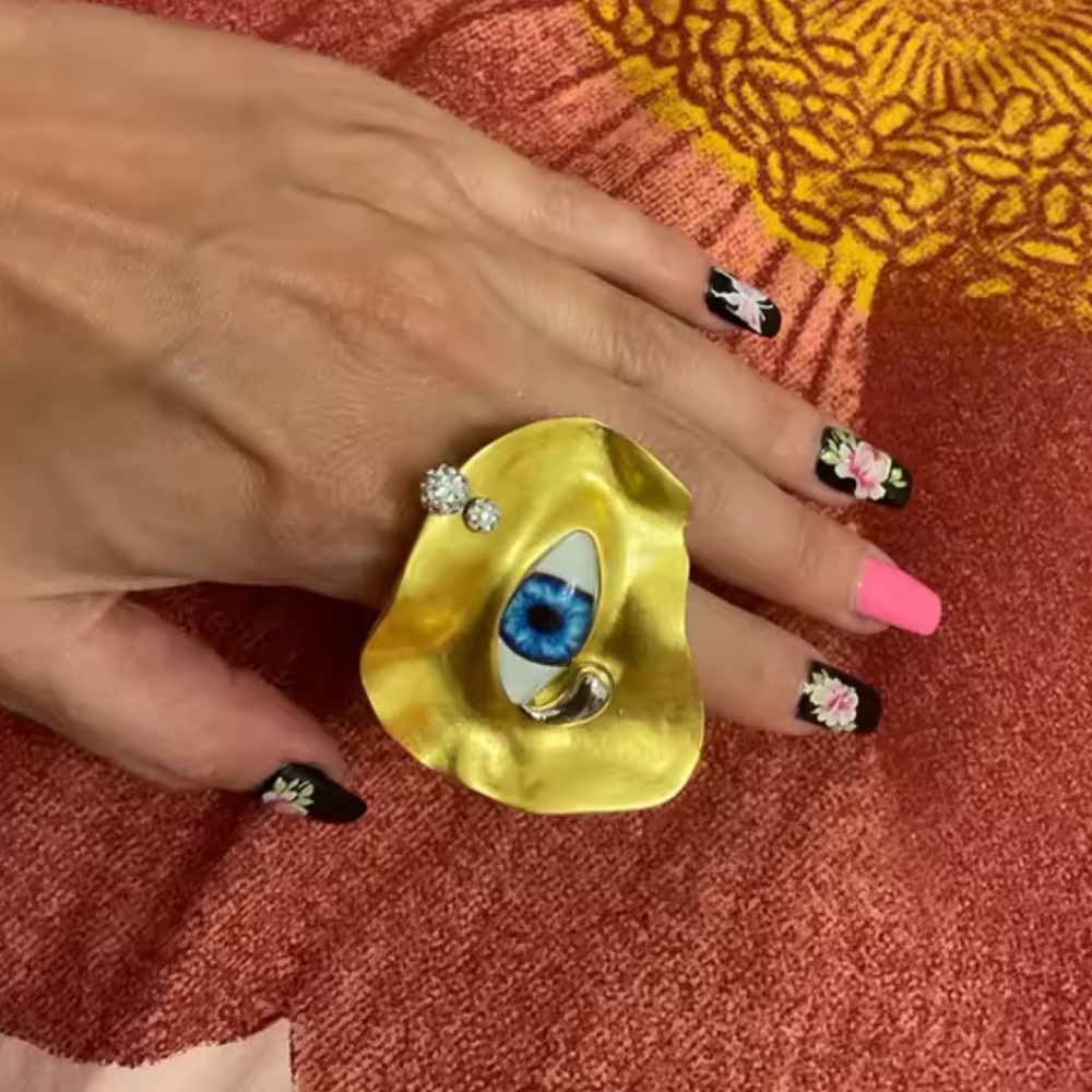 Surrealist Gold Eye Statement Artistic Blue Iris Design, Avant-Garde Ring - Picture 2 of 10